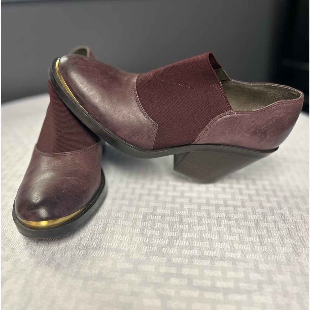 NAYA {9} Ankle Booties in Merlot / Purple with Gold Banding & Chunky Block Heel